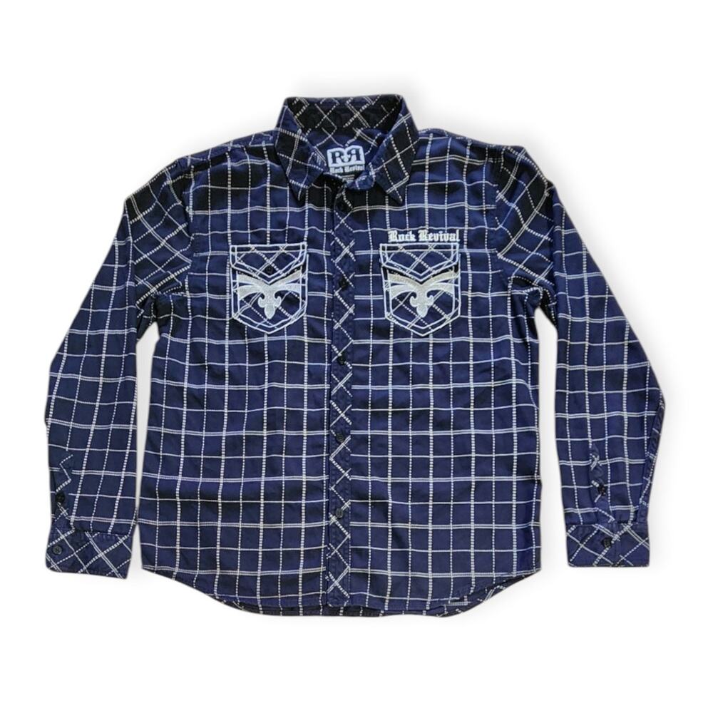 Gothic Rock Revival Navy Windowpane Check Long Sleeve Shirt Men XL